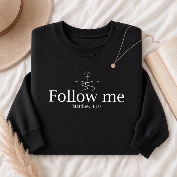 Jollimate Follow Me Matthew 4:19 Christian Sweatshirt, Minimalist Cross Faith Crewneck, Pullover for Women