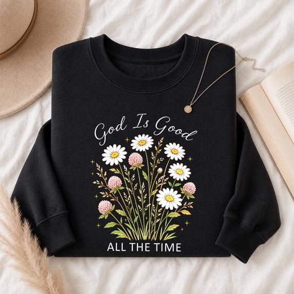 Jollimate God Is Good All The Time Sweatshirt, Wildflower Christian Graphic Pullover, Faith Hope Sweatshirt Gift for Women