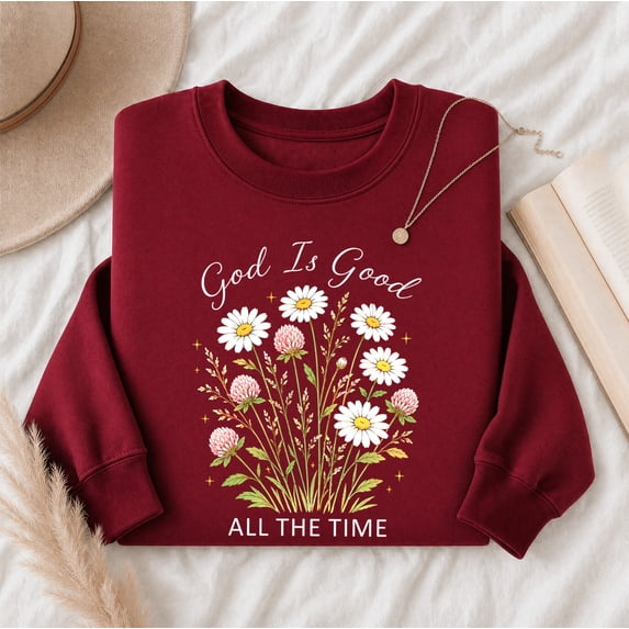 Jollimate God Is Good All The Time Sweatshirt, Wildflower Christian Graphic Pullover, Faith Hope Sweatshirt Gift for Women