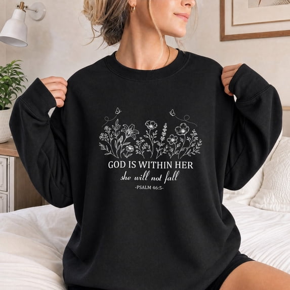 Jollimate God Is Within Her She Will Not Fall Sweatshirt, Psalm 46:5 Christian Graphic Pullover, Gift for Women