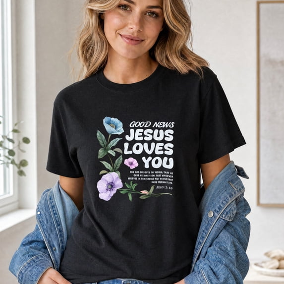 Jollimate Good News Jesus Loves You Shirt, Christian Floral Graphic Tee, John 3:16 Bible Verse Gift for Women