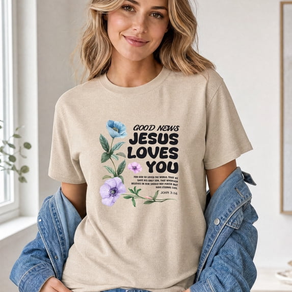 Jollimate Good News Jesus Loves You Shirt, Christian Floral Graphic Tee, John 3:16 Bible Verse Gift for Women