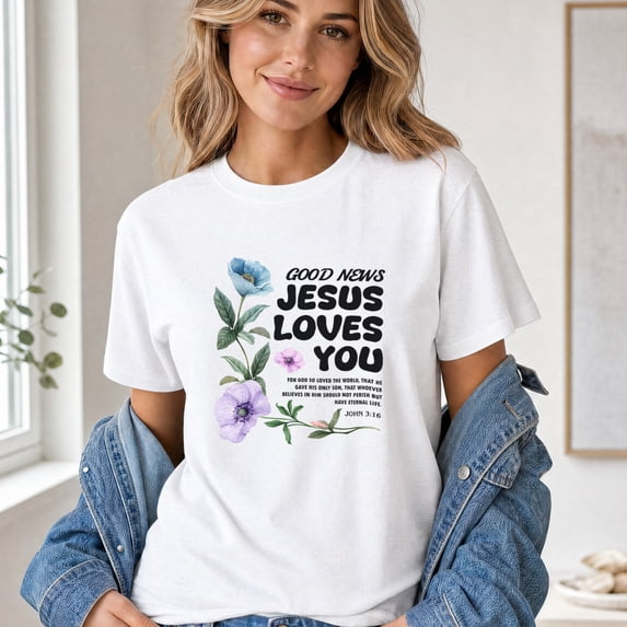 Jollimate Good News Jesus Loves You Shirt, Christian Floral Graphic Tee, John 3:16 Bible Verse Gift for Women