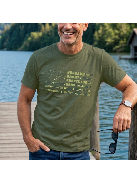 Husband Daddy Protector Hero Camo Flag Graphic T-Shirt, Patriotic Father's Day Men's Shirt