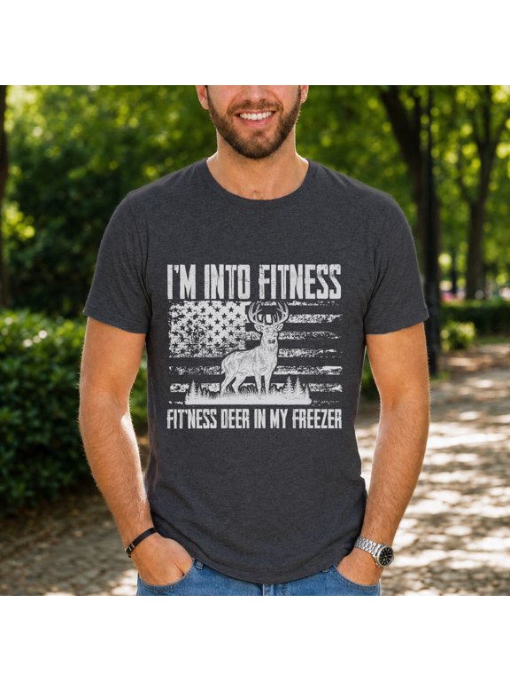 I'm Into Fitness Deer In My Freezer Shirt, Funny Men's Hunting Graphic Tee, Cool Retro American Men's T-Shirt
