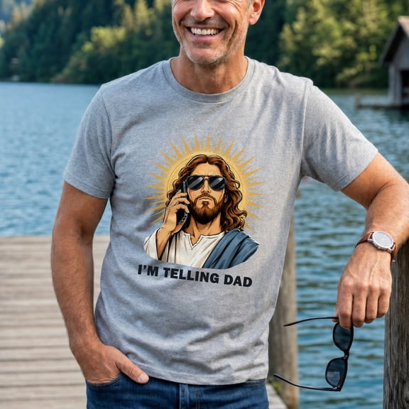 Jollimate I'm Telling Dad Faith Graphic Tee, Funny Jesus Christian T-Shirt, Christian Gift for Men
