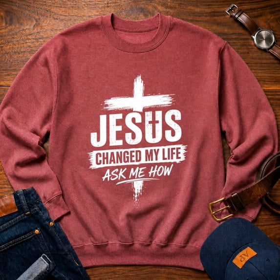 Jollimate Jesus Changed My Life Sweatshirt, Men's Jesus Crew, Religious Gift For Him, Faith Gift