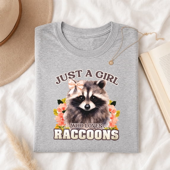 Jollimate Just a Girl Who Loves Raccoons T-Shirt, Cute Floral Coquette Bow Graphic Tee, Women's Shirt