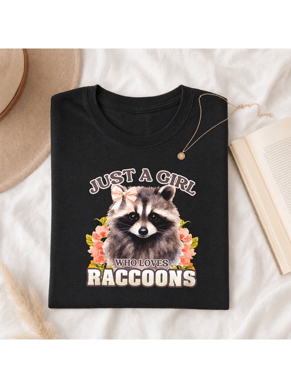 Just a Girl Who Loves Raccoons T-Shirt, Cute Floral Coquette Bow Graphic Tee, Women's Shirt