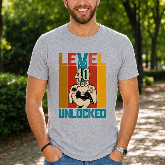 Jollimate Level 40 Unlocked T-Shirt, Vintage Gamer 40th Birthday Graphic Tee, Men's Shirt