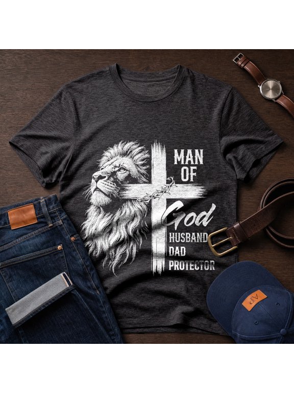 Man of God Husband Dad Protector Shirt, Men Lion Cross Graphic Tee, Cool Scripture Men's T-Shirt