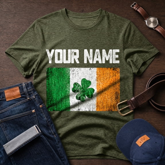 Jollimate Men's Custom Name Irish Flag T-Shirt, Ireland Clover Graphic Tee Gift for Men