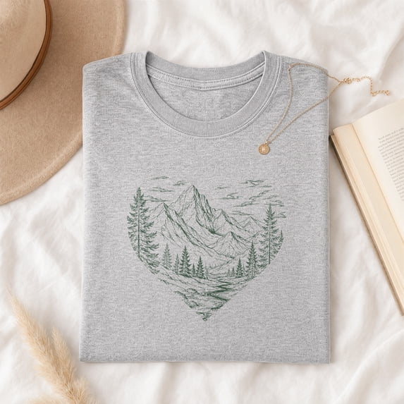 Jollimate Mountain Heart T-Shirt, Outdoor Nature Landscape Graphic Tee, Women's Shirt