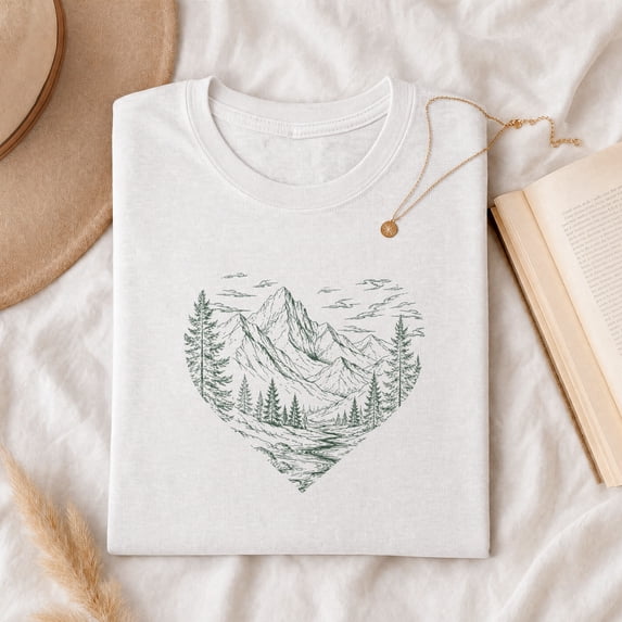 Jollimate Mountain Heart T-Shirt, Outdoor Nature Landscape Graphic Tee, Women's Shirt