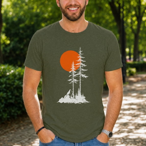 Jollimate Mountain Pine Sun Graphic Shirt, Vintage Nature Art Tee, Men's Outdoor Short Sleeve