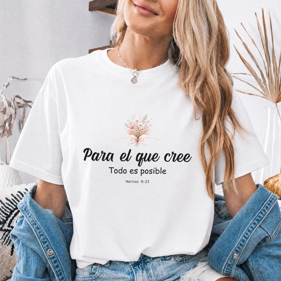 Jollimate Para El Que Cree Todo Es Posible Spanish Christian Graphic T-Shirt, Camisa Cristiana Marcos 9:23 Floral Tee for Women
