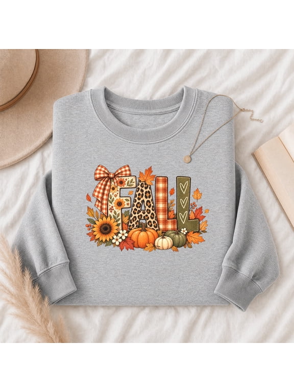 Sweatshirt, Fall Pumpkin Floral Lettering Cotton-Poly Fleece for Autumn Gatherings