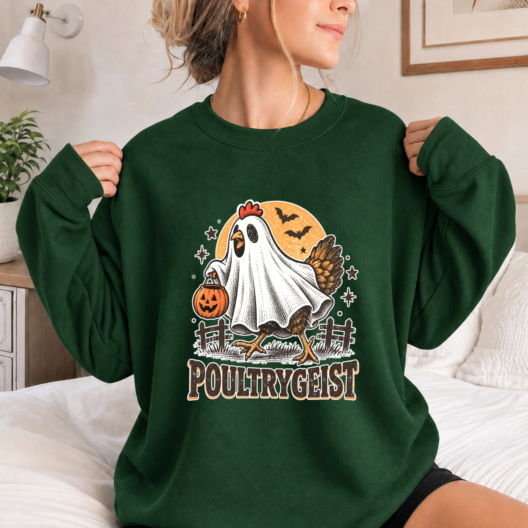 Chicken Meat Graphics Jollimate Sweatshirt, Poultrygeist Ghost Chicken Halloween Graphic ...