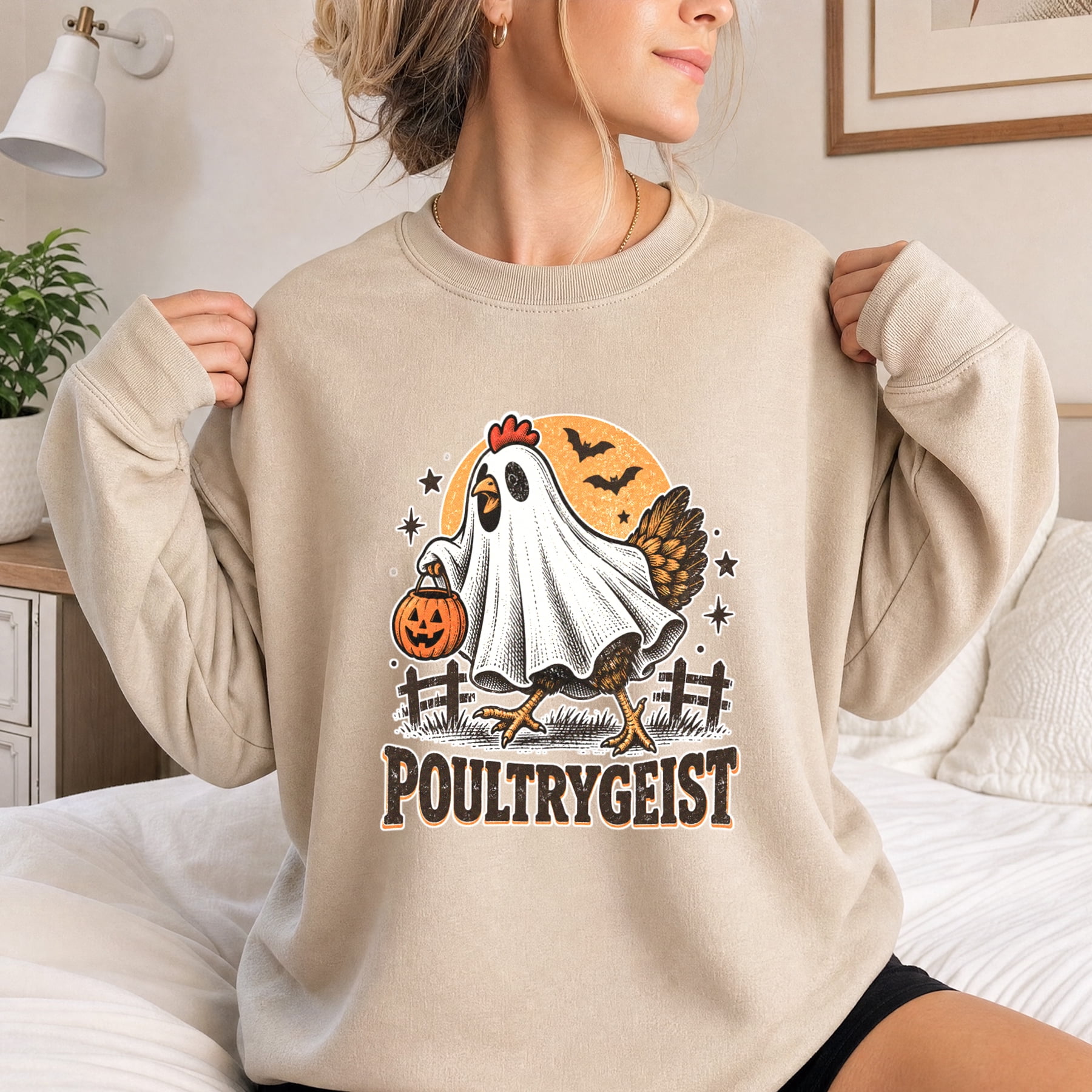 Chicken Meat Graphics Jollimate Sweatshirt, Poultrygeist Ghost Chicken Halloween Graphic ...