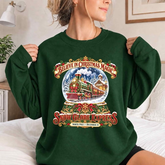 Jollimate Sweatshirt for Women, Christmas Snow Globe Train Graphic, North Pole Holiday Gift
