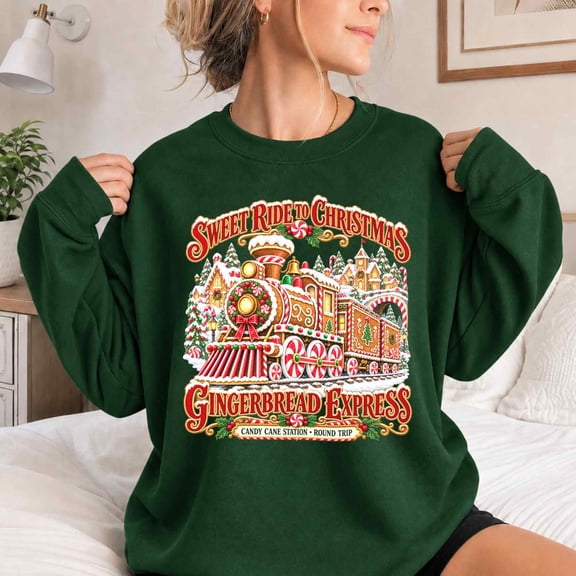 Jollimate Sweatshirt for Women, Gingerbread Christmas Train Graphic, Candy Cane Holiday Gift