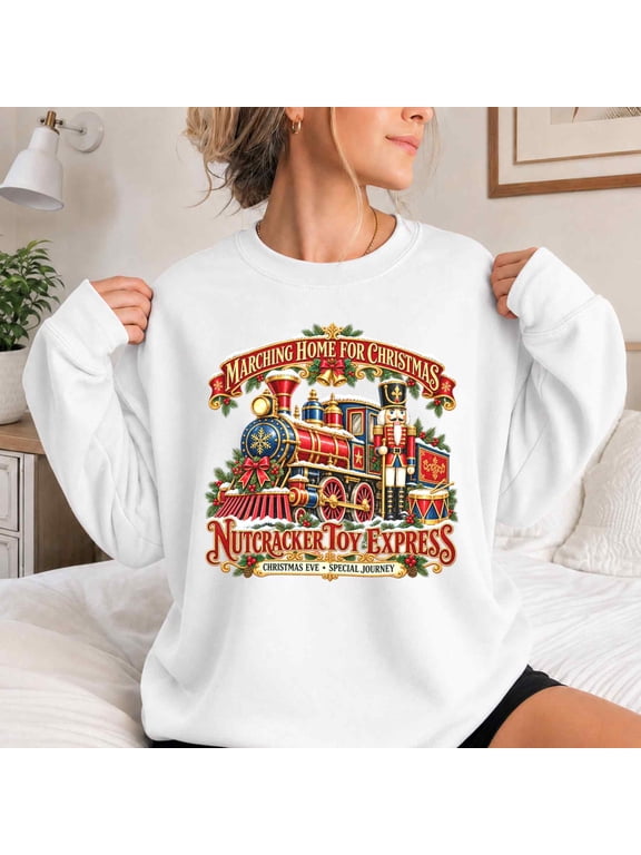 Sweatshirt for Women, Nutcracker Christmas Train Graphic, Holiday Toy Soldier Gift