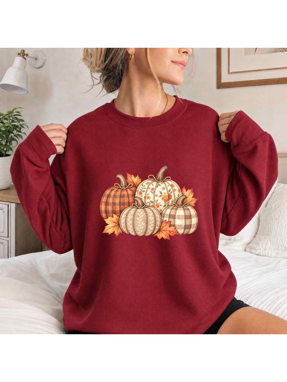 Sweatshirt for Women, Patchwork Pumpkin Floral Plaid Graphic, Cozy Fall Lover Gift