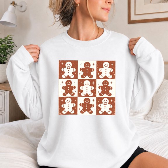 Jollimate Sweatshirt for Women, Retro Christmas Gingerbread Checkerboard Graphic, Holiday Baker Gift