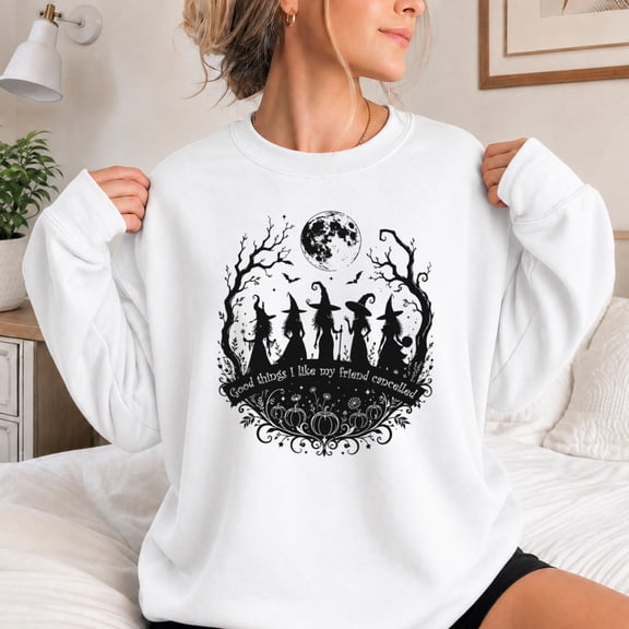 Jollimate Sweatshirt for Women, Witch Friends Halloween Graphic, Funny Spooky Season Gift