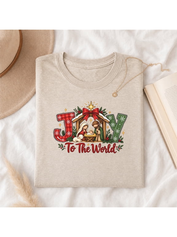 T-Shirt, Joy to the World Nativity Cotton Shirt for Christian Christmas Holiday Wear