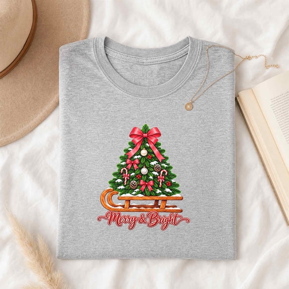 Jollimate T-Shirt for Women, Merry & Bright Christmas Tree Sled Graphic, Festive Holiday Gift
