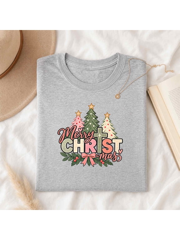 T-Shirt for Women, Merry Christ Cross Tree Graphic, Christian Christmas Gift for Her