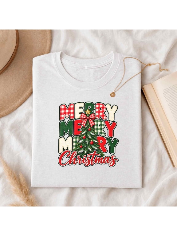 T-Shirt for Women, Merry Merry Christmas Plaid Tree Graphic, Festive Holiday Gift for Her