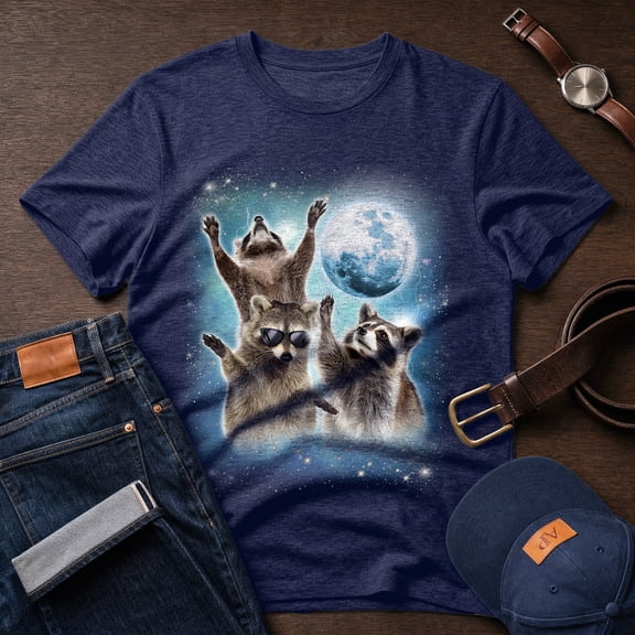 Jollimate Three Raccoon Moon Shirt, Funny Cosmic Graphic Tee, Humorous Space Gift for Men