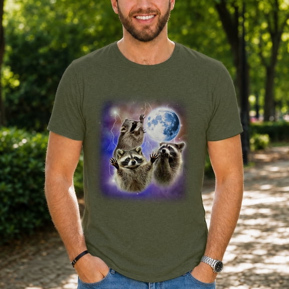 Jollimate Three Raccoon Moon T-Shirt, Funny Cosmic Space Graphic Tee, Vintage Animal Art Shirt for Men