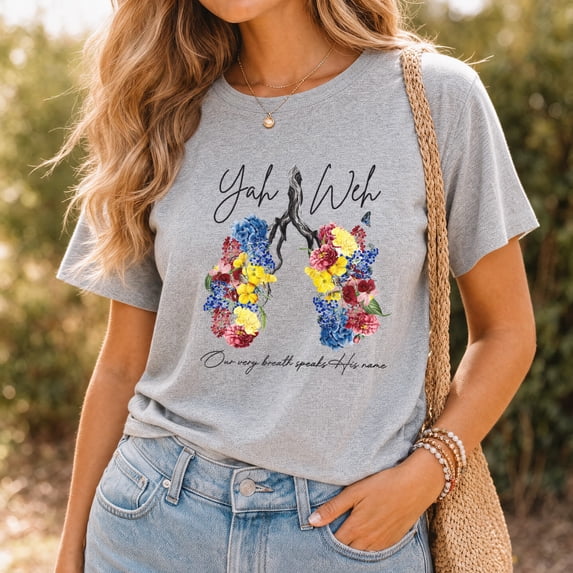 Jollimate Yah Weh Floral Lungs Shirt, Christian Faith Graphic Tee, Botanical Inspirational T-Shirt, Breath Speaks His Name Gift