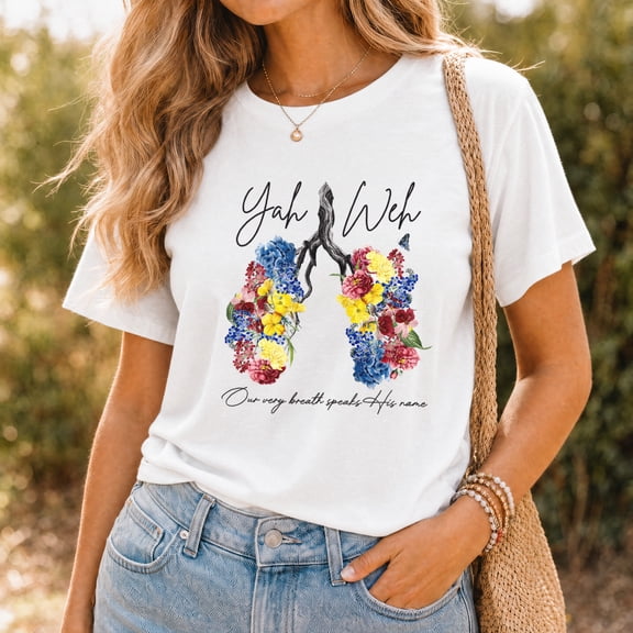 Jollimate Yah Weh Floral Lungs Shirt, Christian Faith Graphic Tee, Botanical Inspirational T-Shirt, Breath Speaks His Name Gift