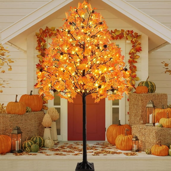 Jollup Christmas 2025 Upgrade Lighted Maple Trees Artificial Fall Trees with Lights for Indoor Outdoor Home Porch Autumn Thanksgiving Decoration