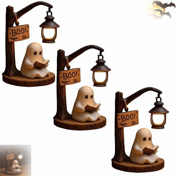 Jollup Cute Ghost Reading Lantern, 3D LED Halloween Ghost Night Light, Cute Resin Ghosts Reading Book Lamp, Ghosts Campfire Nightlight
