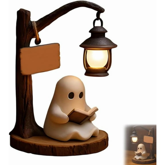 Jollup Cute Ghost Reading Lantern, 3D Resin Ghost Reading Book Lamp, Halloween Warm Light Night Light, Glowing Figurine Lamps Decor (1PC)