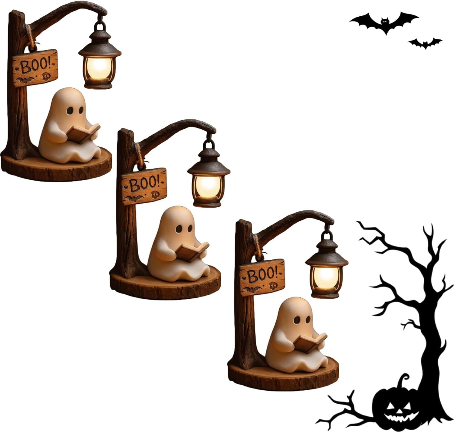 Jollup Cute Ghost Reading Lantern, 3D Resin Ghost Reading Book Lamp with Warm Glow, Halloween Night Light Figurine (1pc)