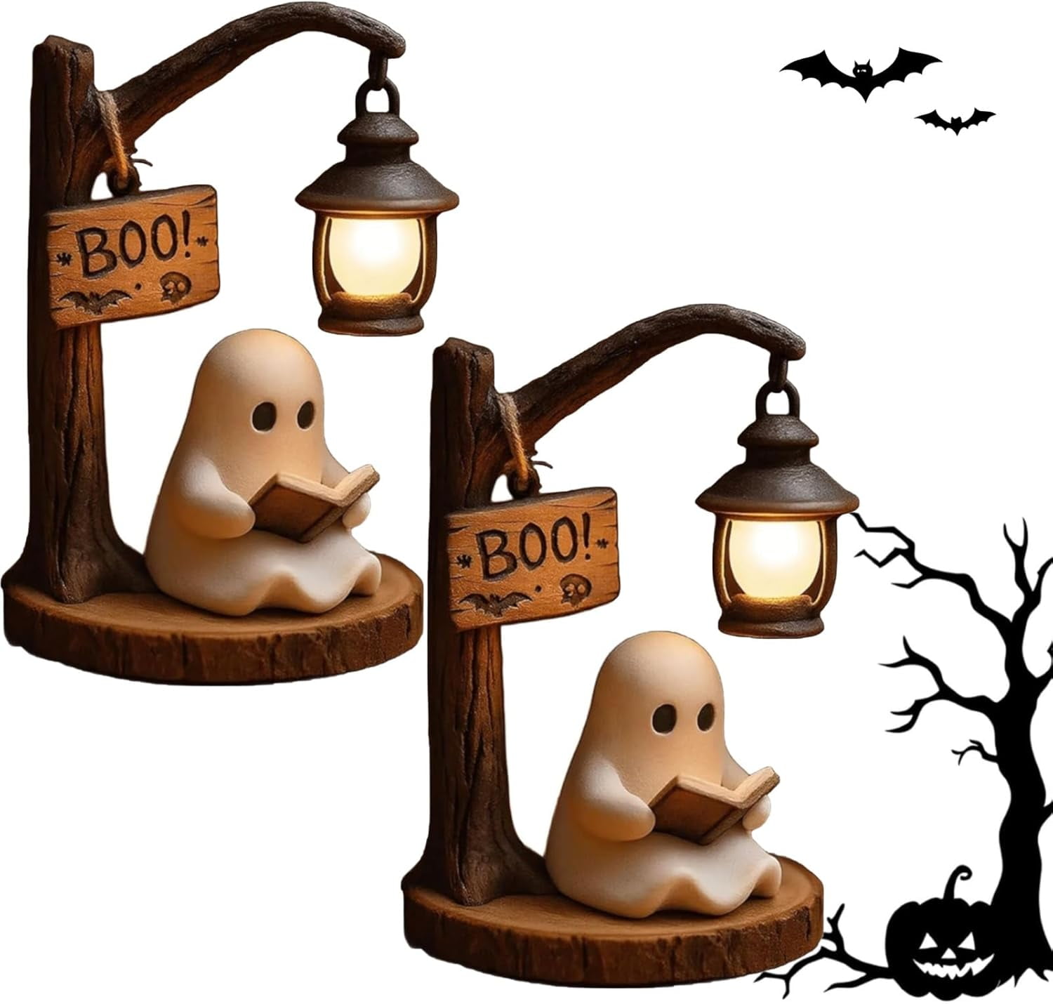 Jollup Cute Ghost Reading Lantern, 3D Resin Ghost Reading Book Lamp with Warm Glow, Halloween Night Light Figurine (1pc)