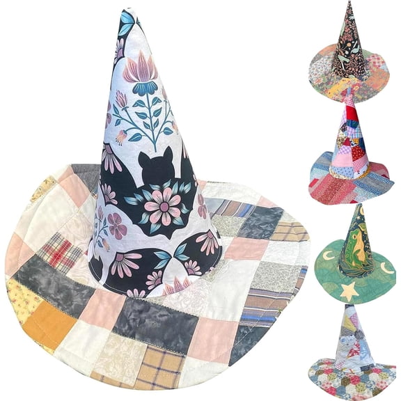 Jollup Halloween Witch Hat Vintage Cottagecore Style, Handmade Quilt Witch Hat, Renaissance Costume Witchy Vibes