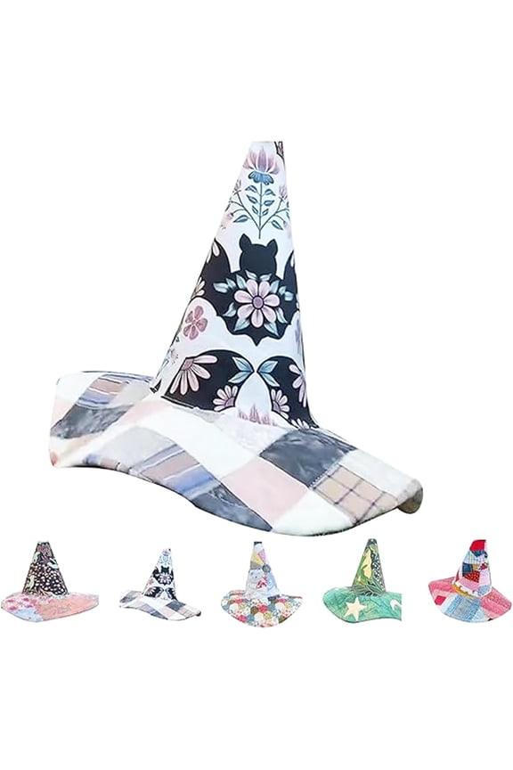 The Quilted Witch Hat, Handcrafted Folk Art Vintage Halloween Hat, Prairie Patchwork Costume Headpiece