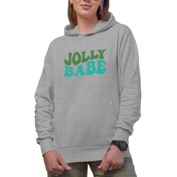 Jolly Babe, Christmas, Groovy Retro Wavy Text Merch Gift, Heather Grey Hooded Sweatshirt or Hoodie, Small