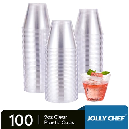 Jolly Chef Disposable Crystal Clear Plastic Cups, 9 oz, 100 Pack,Disposable Polystyrene Cups