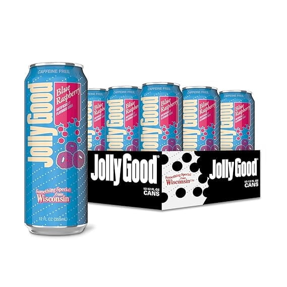 Jolly Good Blue Raspberry Craft Soda, Flavored Soda Pop Drink, Caffeine Free Soft Drinks for Adults & Kids, Craft Soda for Mocktails & Cocktails, Made in America, Vegan, 12 Oz Cans, 12 Pack