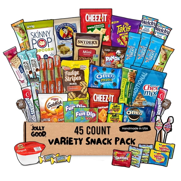 Jolly Good Snacks Box Variety Pack Care Package (45 Count) St. Patricks Day and Easter Gift Basket Candy Treats Chips Cookies for Adults Kids Grandkids Teens College Students Guys Girls Men Women I
