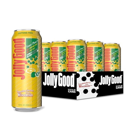 Jolly Good Sour Pow'r Craft Soda, Flavored Soda Pop Drink, Caffeine Free Soft Drinks for Adults & Kids, Craft Soda for Mocktails & Cocktails, Made in America, Vegan, 12 Oz Cans, 12 Pack