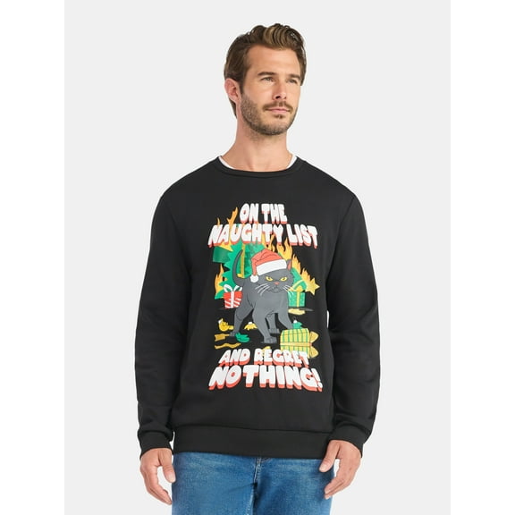 Mens & Big Men's Holiday Christmas Graphic Sweatshirt Naughty Cat, Sizes S-3XL by Jolly Knits